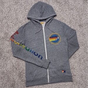 Aviator Nation Gray Zip Hoodie with Rainbow Logo